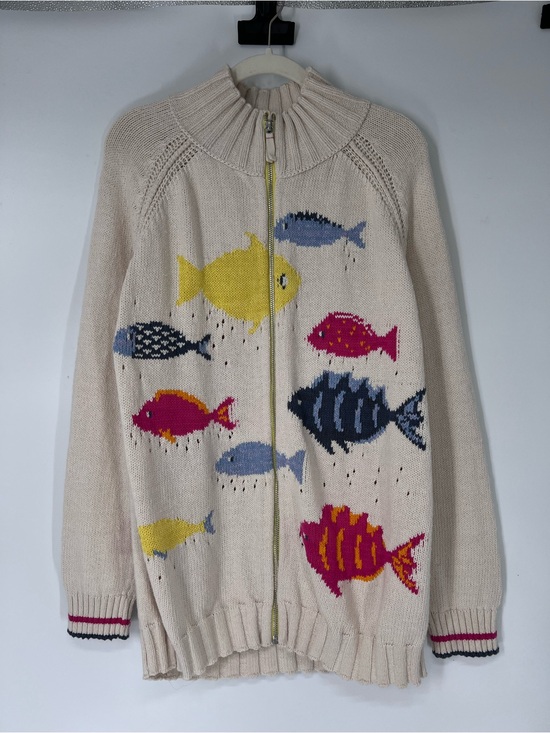 Pilcro Sweaters - Pilcro Cream Full Zip Colorful Fish Motif Cotton Nautical Lake Cardigan Sweater